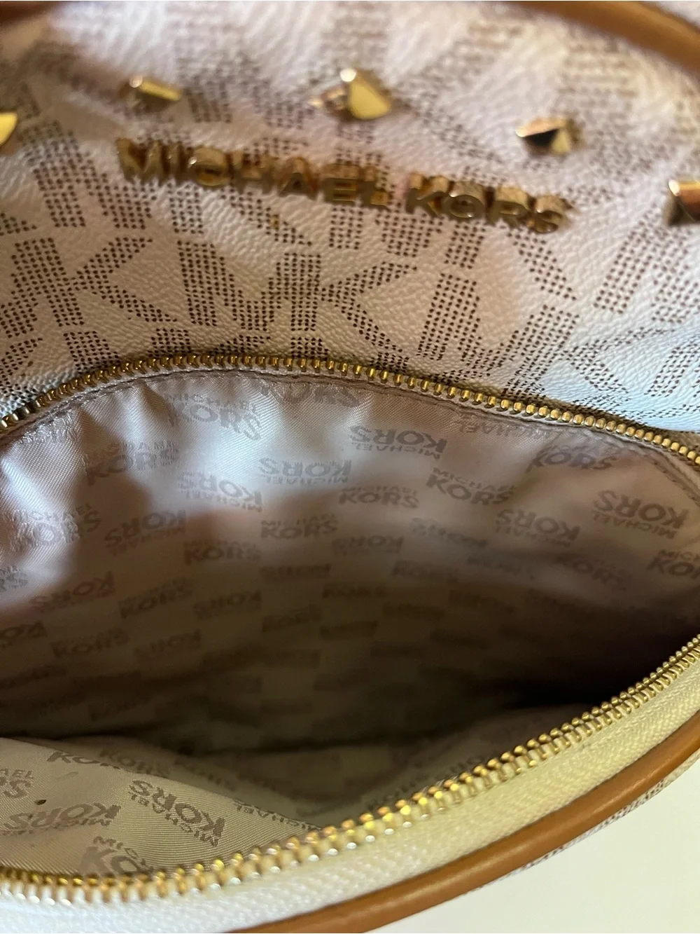 Michael Kors Beige and Brown Studded MK Logo Backpack